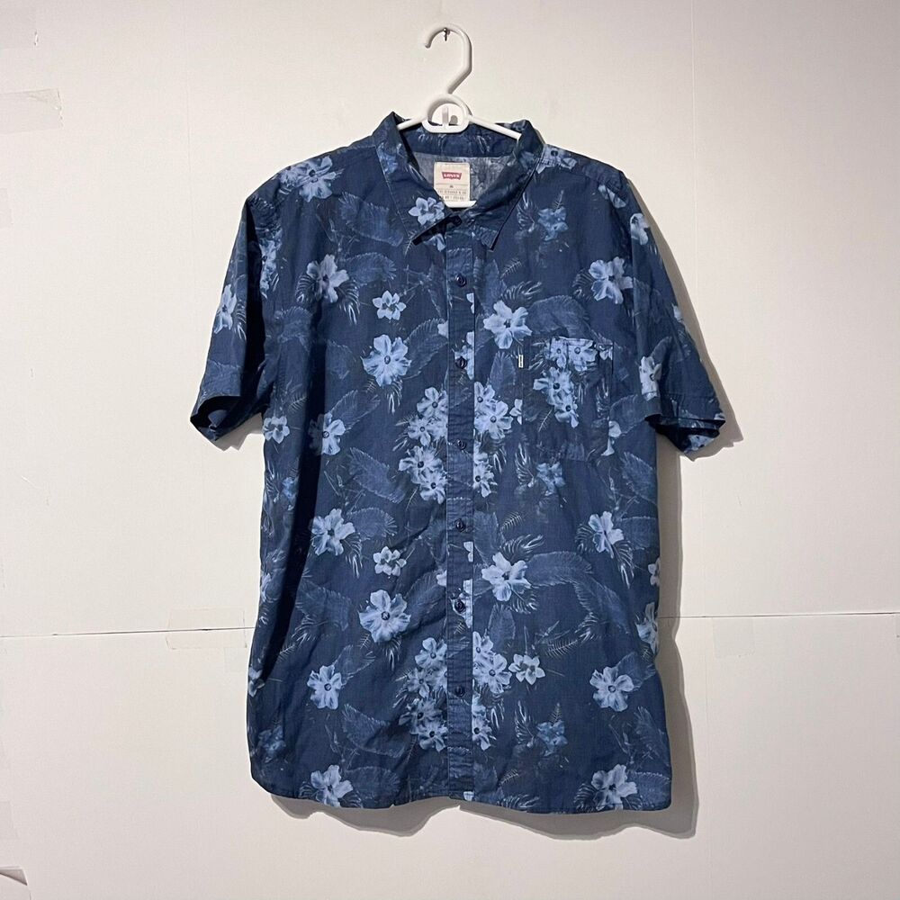 Levis Mens Shirt Size XL-2XL Blue Floral Hawaiian Chambray Embroidered Logo